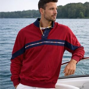 Orvis Men's Red Quarter Zip Pullover with Navy and Yellow Accents